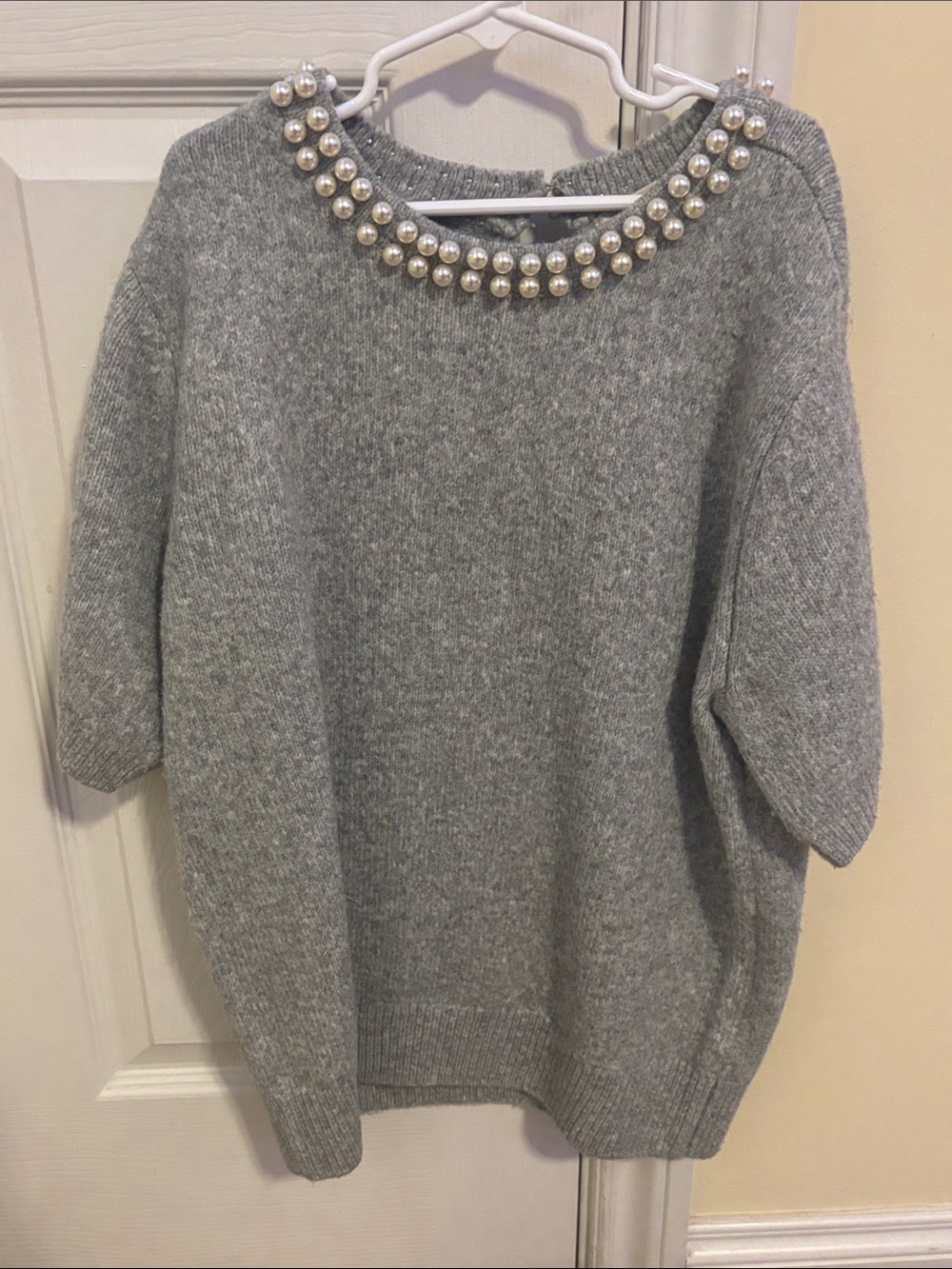 Catherine Malandrino Grey Pearl-Trim Scoop Neck Sweater